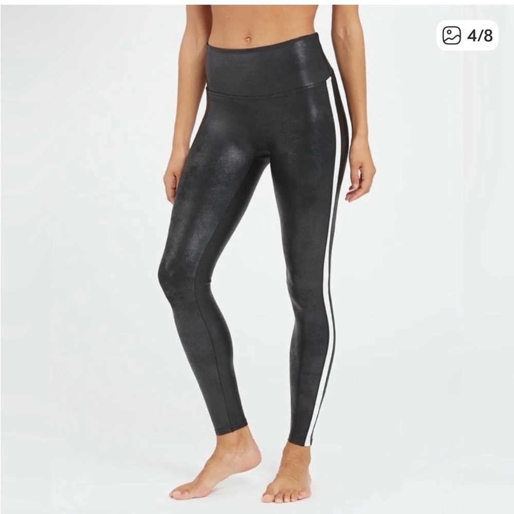 Spanx black leather white stripe leggings large